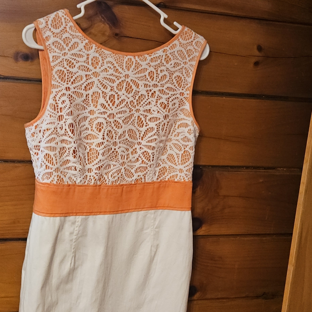 London Times Lace Overlay Midi Dress in Orange and Cream